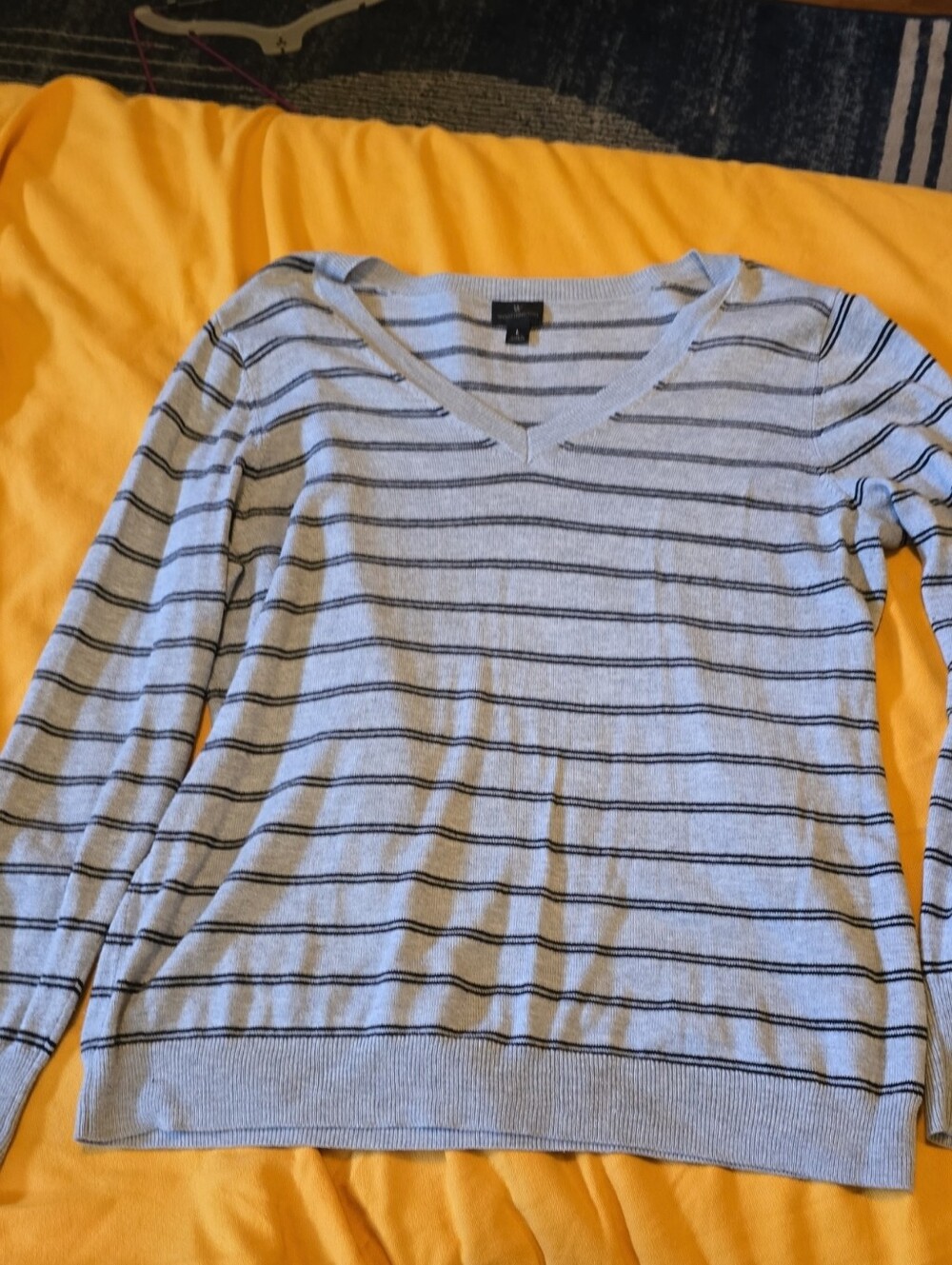 Worthington Light Gray V-Neck Sweater with Black Stripes